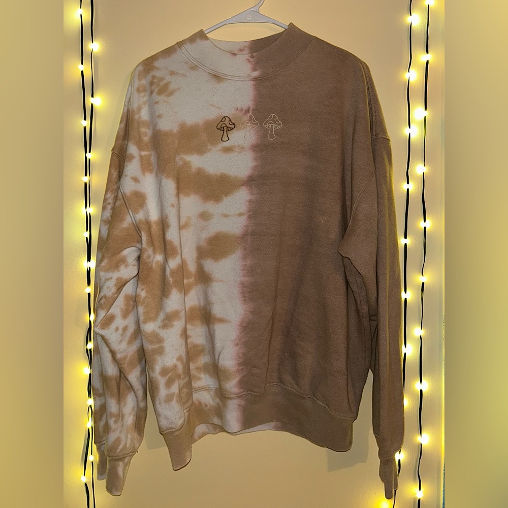 Urban Outfitters: Men's Tie-Dye Mushroom Embroidered Sweater- L Tan and Pink